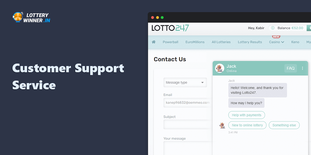 Customer Support Service Lotto247 in India: available methods