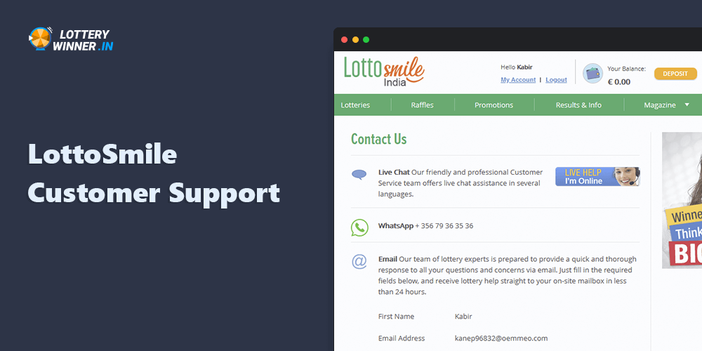 Contact from to get help from Lottosmile support service