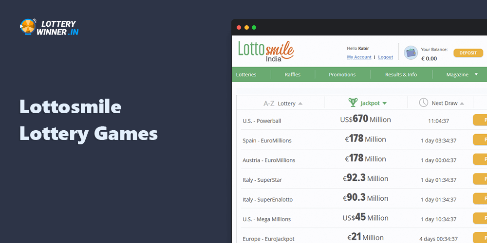 A list of available lotteries on the Lottosmile website